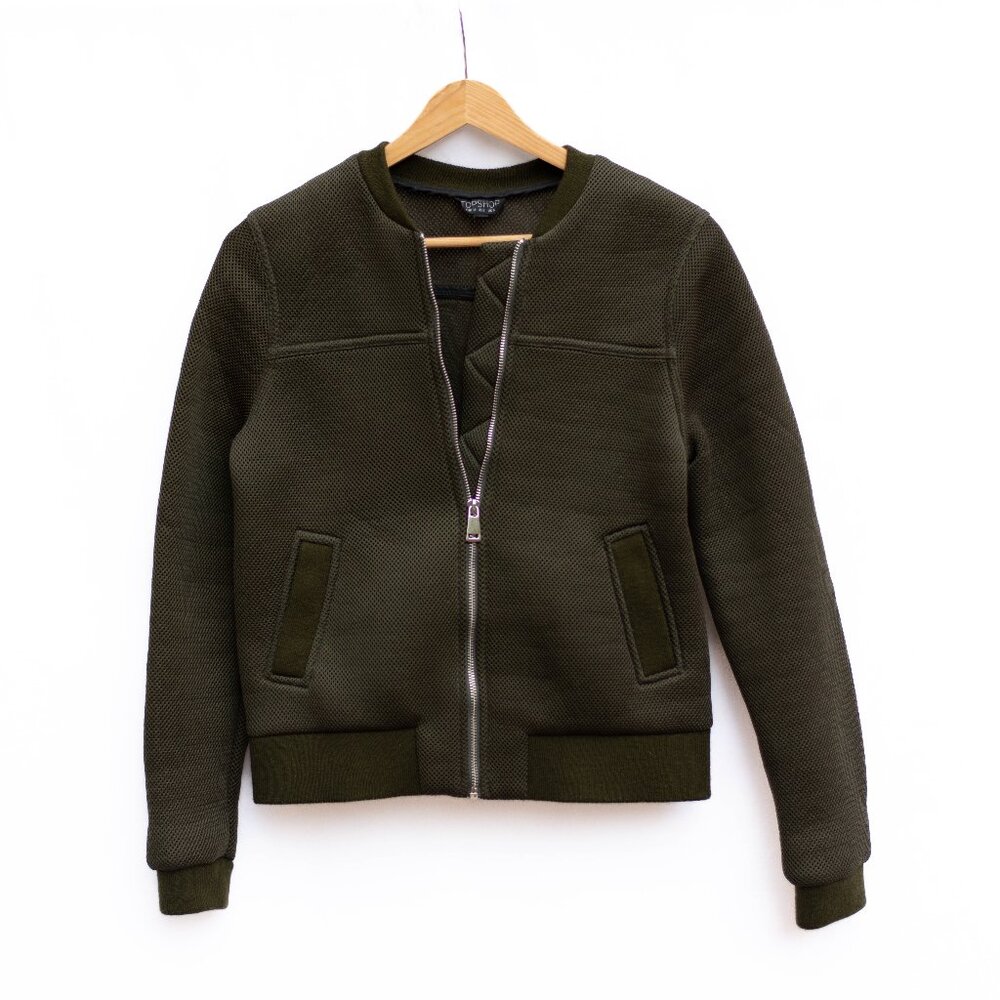 Topshop Camo‎ Green Mesh Bomber Jacket Women’s US 2 Zip Pockets Lightweight New